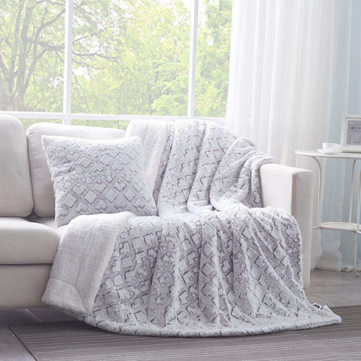 DaDa Bedding Dreamy Milky Way White & Purple Embossed Faux Fur Euro Pillow Cover