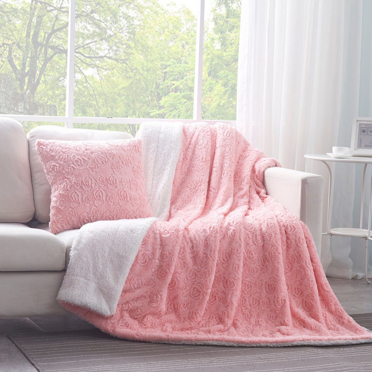 DaDa Bedding Baby Pink Roses Luxury Faux Fur Throw Pillow